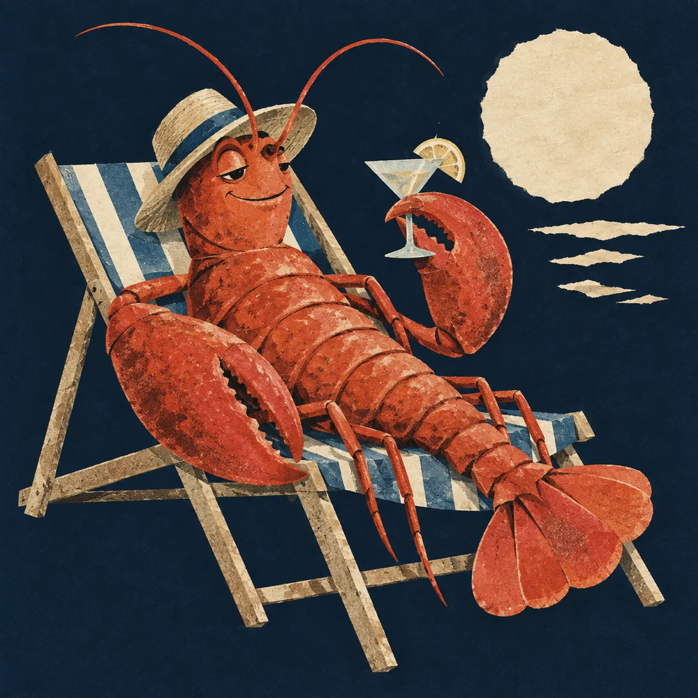 A retired lobster reclining in a striped deckchair, in a vintage travel collage